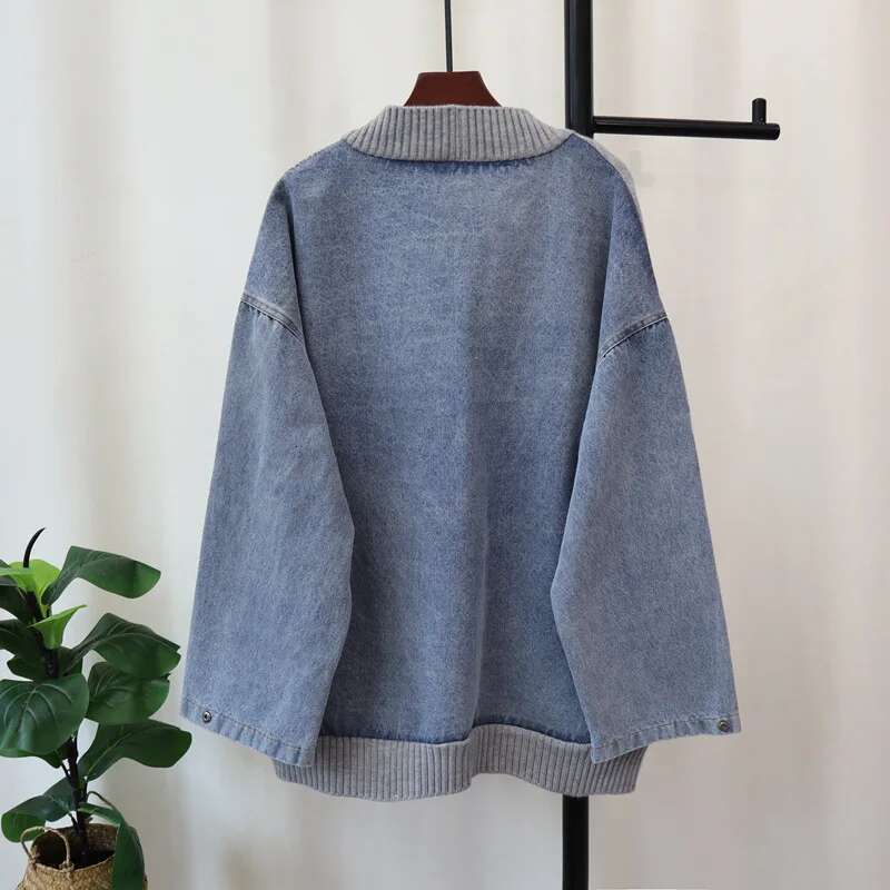 Fashion Loose Causal Versatile Coats For Women Patchwork Denim V-Neck Knitted Cardigan Female 2024 Winter 33A2212
