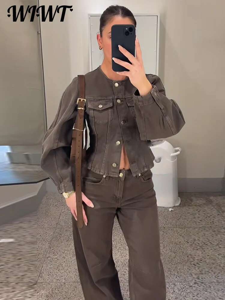 Vintage Denim Jackets Pants Set Women Casual Single Breasted Long Sleeve Coat Wide Leg Trousers Spring New Lady Loose Suit