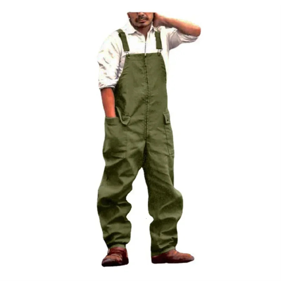 Mens Jumpsuit Plus Size Streetwear Solid Color Overalls Pockets Loose Suspenders Baggy Work Wear Cargo Pants Men 250310