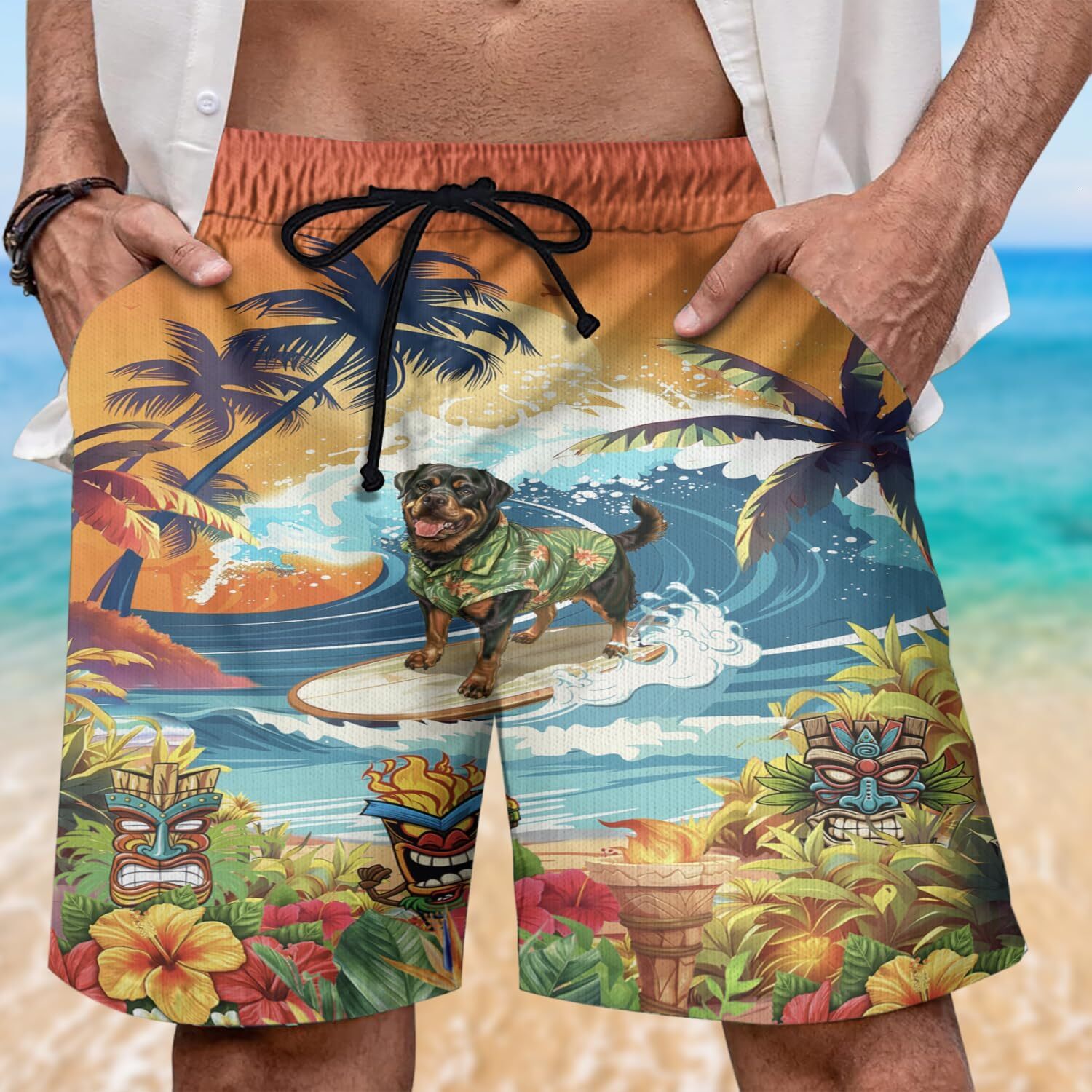 Funny Dog Hawaiian Mens Bathing Suits - Beach Shorts for Mens Dog Lover Swim Trunks Board Shorts Swimwear Set 07