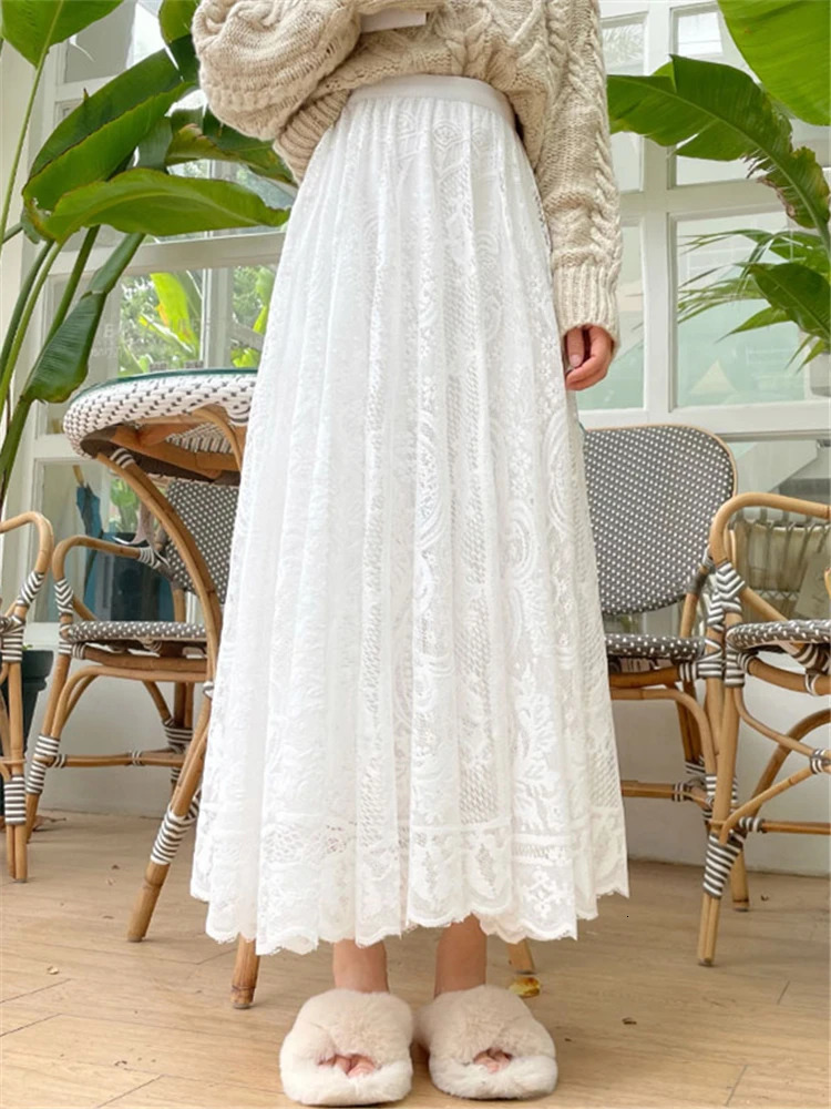 Realeft Retro Womens Lace Crochet Umbrella Long Leather Bohemian High Waist Hollow Skirt SpringSummer 250310