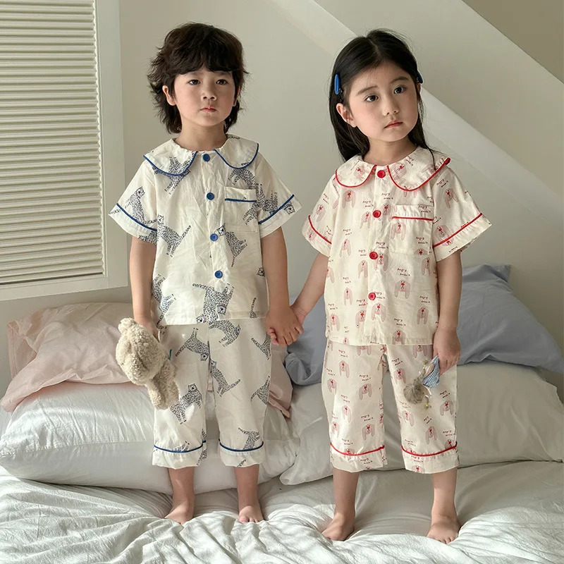 Korean Summer Kids Girls Sleepwears Set Cotton Thin Cartoon Full Printed Tops Cropped Pants Suit Children Girls Pajamas 250314