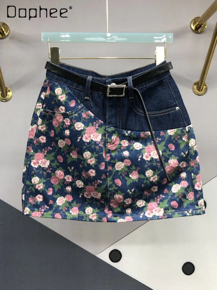 Womens Retro Printed Denim Short Leather High Waist Aline Wrap Hips Jean Shorts Street Slim Patch Work Summer 250310