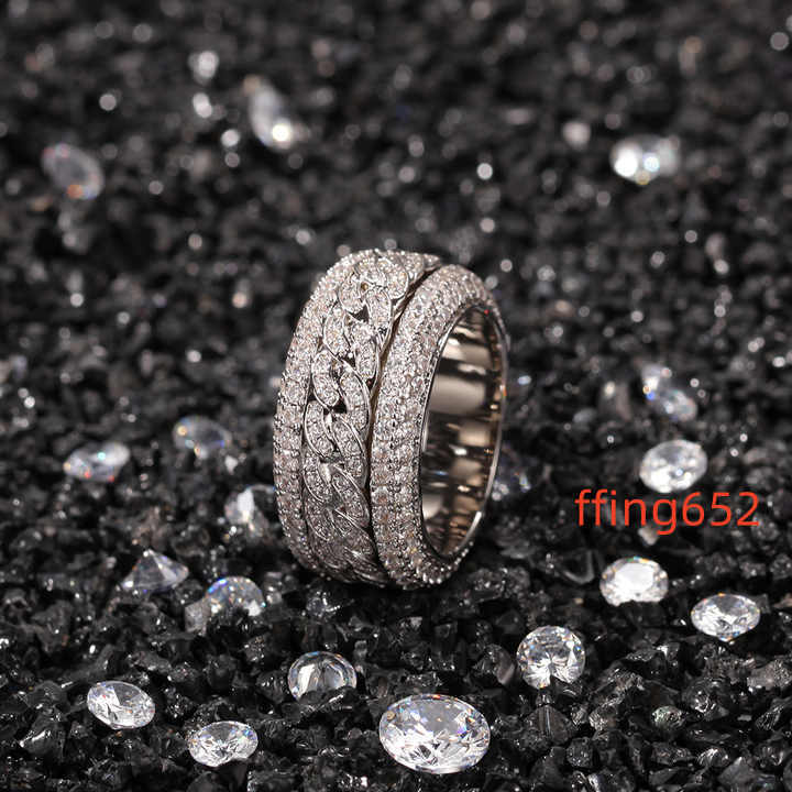 Moissanite Diamond Ring Gold Bling Hip Hop Iced Out Finger Ring Cuban Link Chain 11mm Exaggerated Band Ring for Women Men