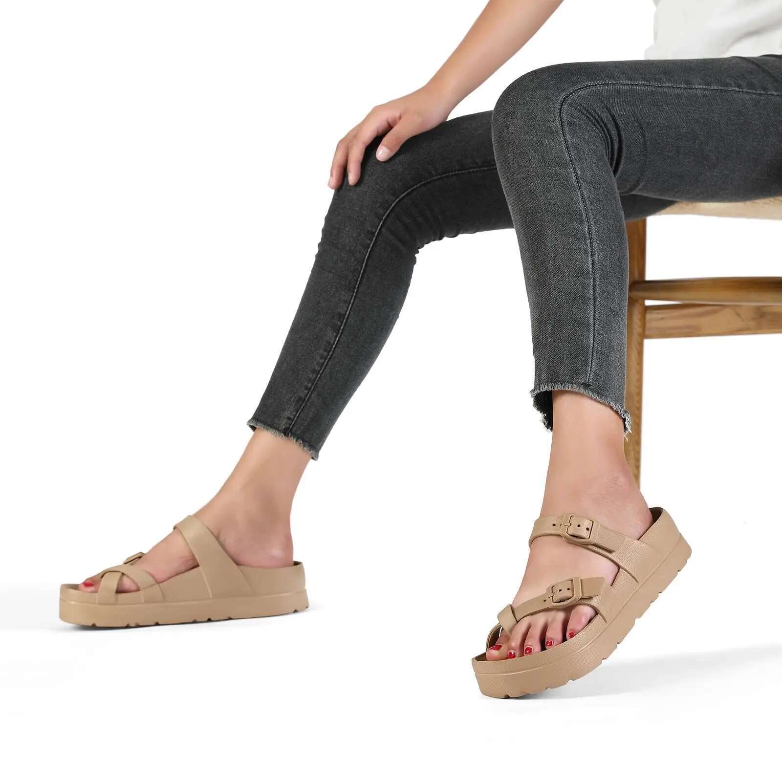 Comwarm New Women Platform Arch Support Comfort Slides Thick Soles Flat Sandals With Adjustable Buckle And Ultra Cushion