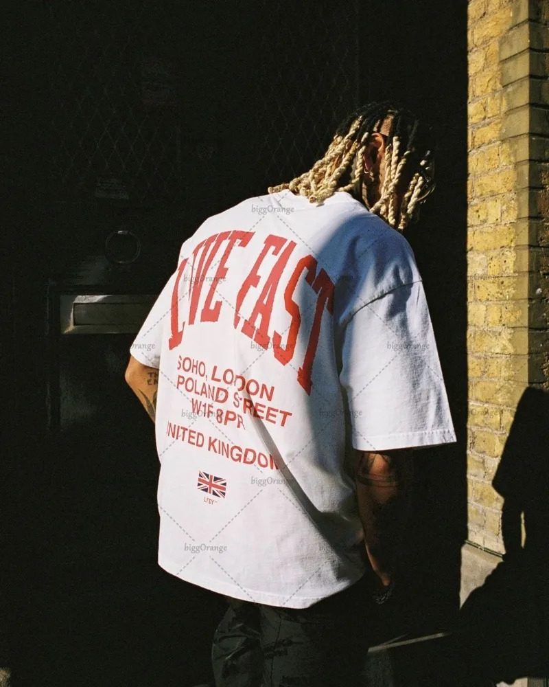 American Retro Hiphop Oversized Tshirt Harajuku Letter Print Casual Loose Top Men Street Fashion Clothing Pure Cotton 250311