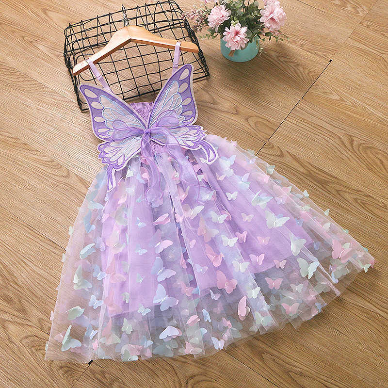 Girl's Dresses Pure cotton butterfly suspender girls' dress with bubble sleeves and colorful lights, Frozen princess dress