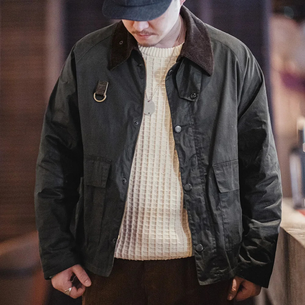 Maden vintage Spey waxed fishing jacket Distressed outdoor Corduroy collar with pocket mens classic autumn coat 250313