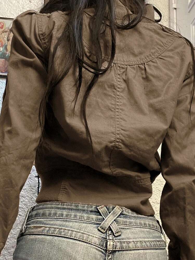 Rockmore Vintage Cropped Jackets For Women Haruku Casual Slim Fit Zipper Coat Y2k Streetwear Long Sleeve Outerwear Autumn