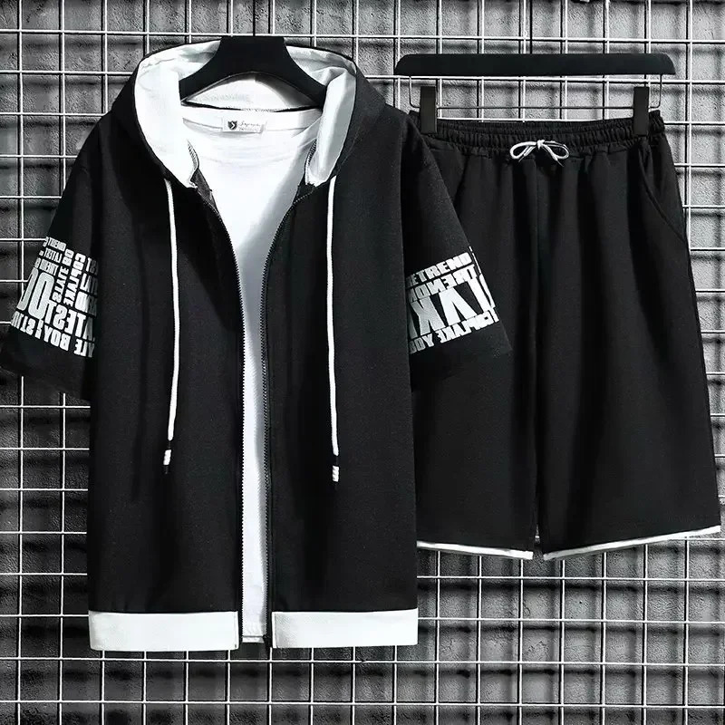Summer Thin Mens Sports Suit 2-piece Set Casual Hooded Quick Dry Running Exercise Clothes Short Sleeve Shorts 250310