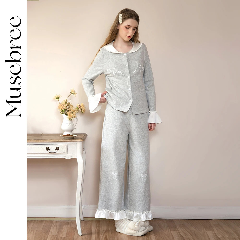 Musebree Womens Cute Princess Cotton Pajama Set Ruffle n Korean Spring Casual 250313