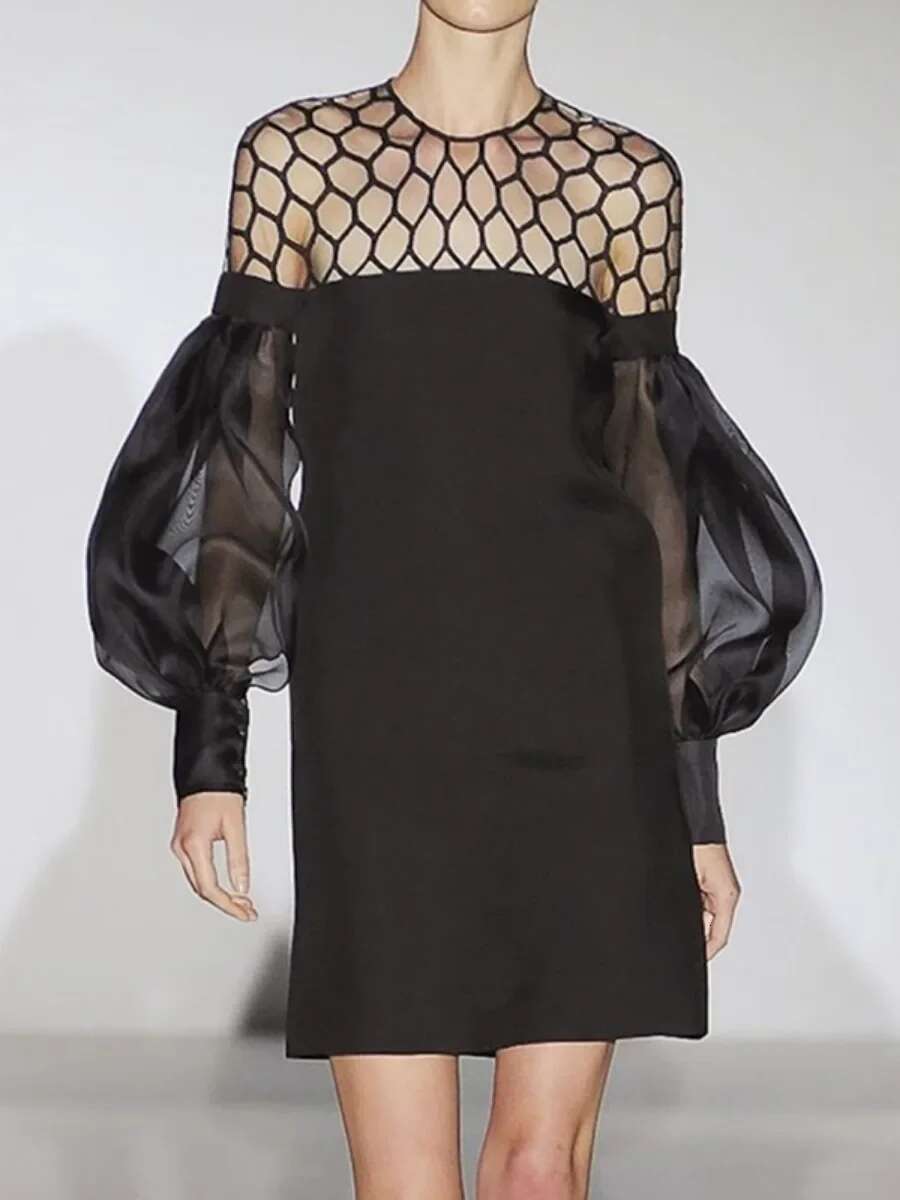 Yeezzi Women Fashion Sexy Hollow See-Through Prom Party Mini Dresses 2024 New Autumn Long Puff Sleeves Loose Urban Black Dress