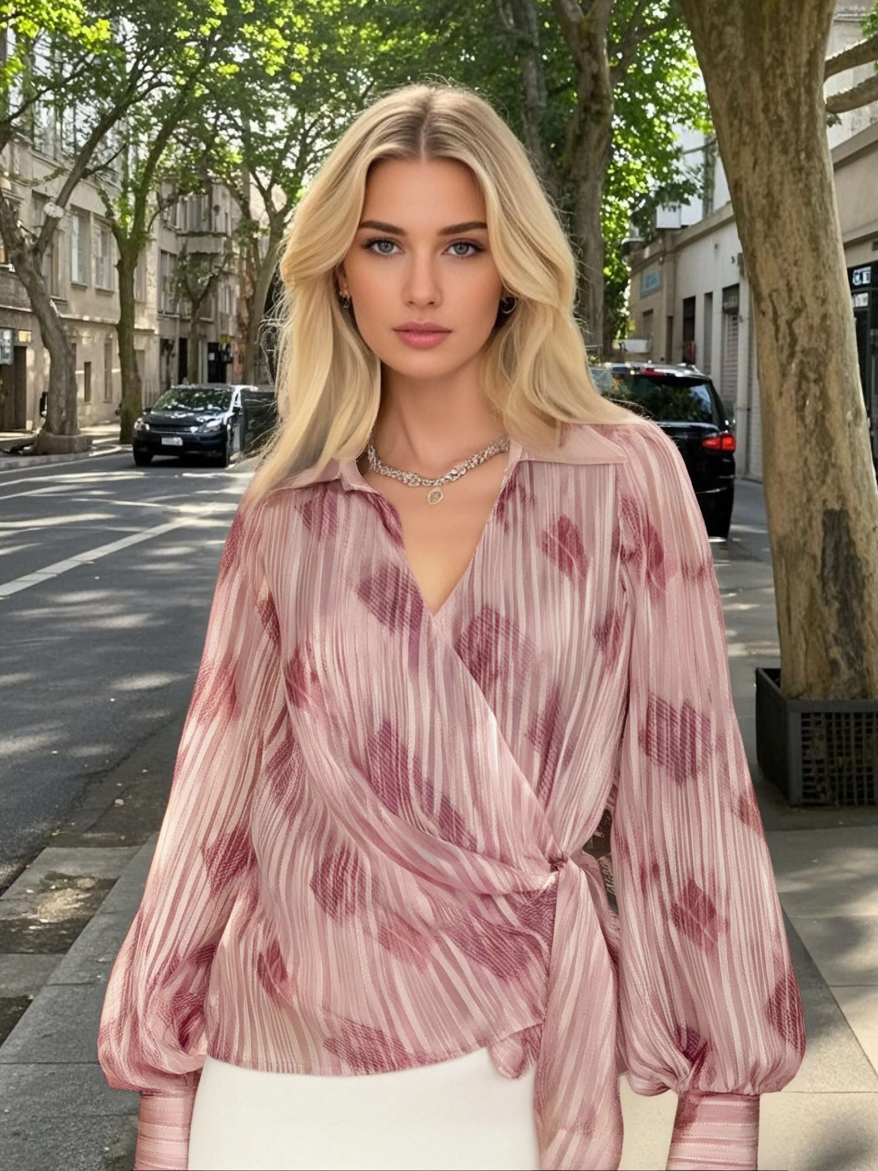 Pb&Za New Ladies' Wrap - Front Blouse With Pleated Details Long Sleeves And Asymmetric Hem For A Trendy Look