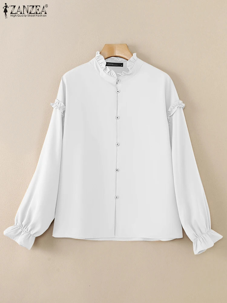ZANZEA 2025 Spring Lantern Sleeves Shirts Elegant Ruffle Collar Solid Long Sleeve Chemise Femme Casual Button Up Women Blouses 250310