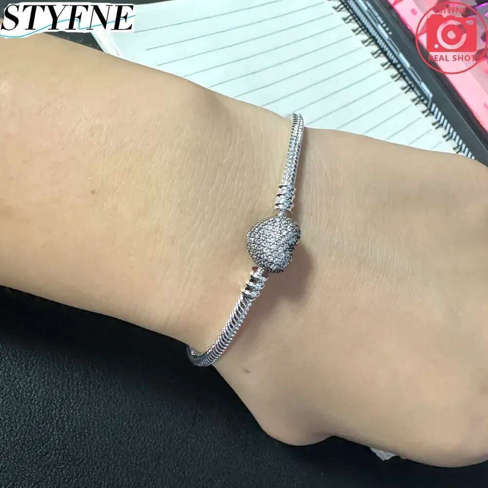 925 Sterling Silver Pave Heart Clip Buckle Zircon Snake Bone Bracelet S925 Snake Bracelets For Women Fit charms beads Diy Jewelry Gift