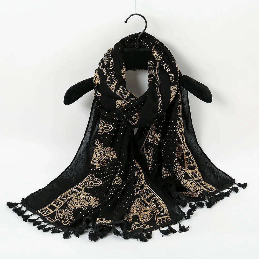 Aztec fashion bronze floral tassel diamond adhesive scarf printed soft thick shawl and wrapped Pashmina stolen Muslim headscarf 250314