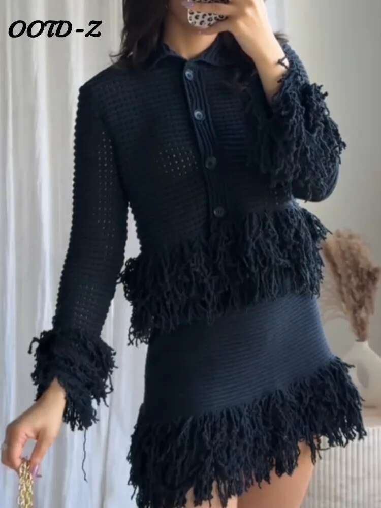 Fringe Knit Slim Mini Skirt Suit Women Fashion Turndown Collar Half Breasted Long Sleeve Top Female Set 2025 Spring Lady Sets