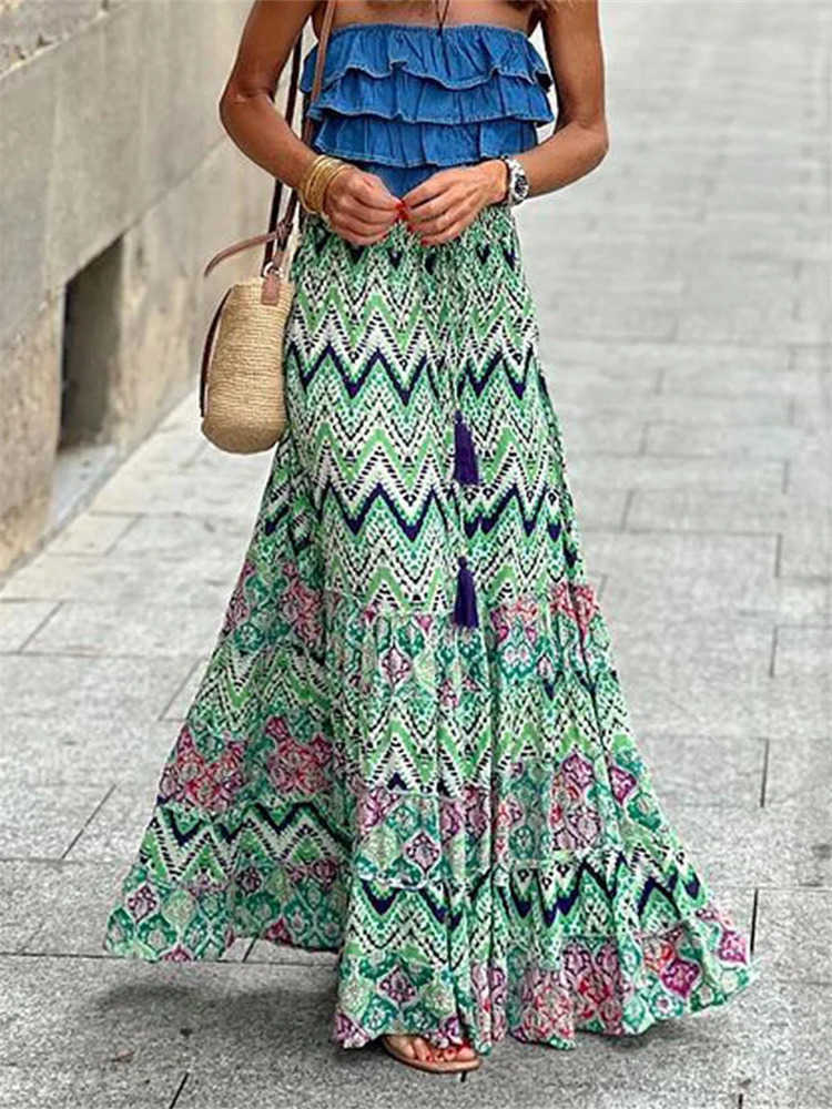 Skirts Womens Flowy Boho Skirt printed ruffled hem summer casual long sleeved beach vacation club clothing Y250314PN97