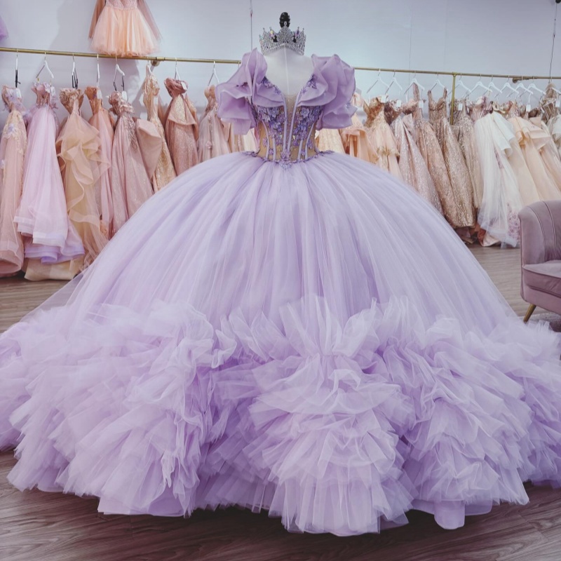 Light Lilac Off Shoulder Quinceanera Dresses Applique Lace Beads Tull Tiered Corset Party Birthday Sweet 16 Dress Vestidos 15 de anos