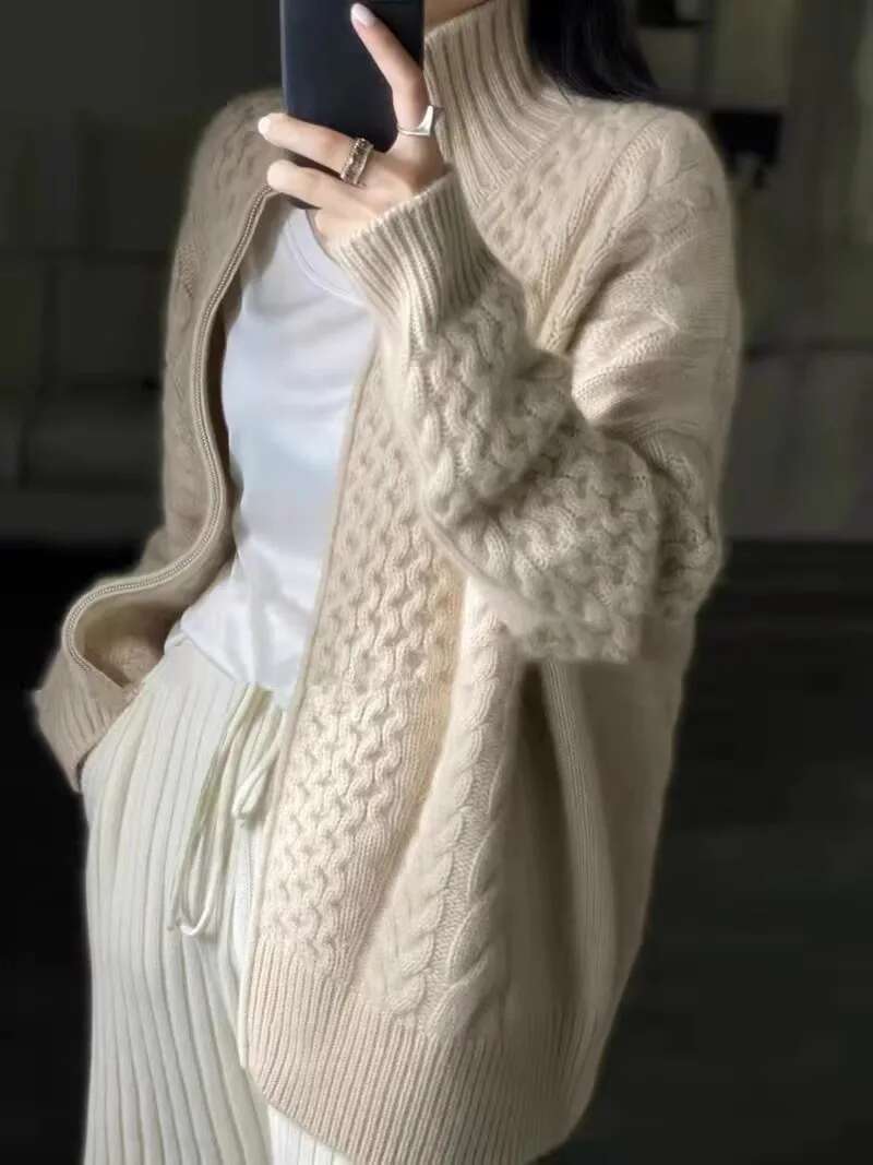 European Station Autumn And Winter Thick High-Necked Cashmere Knitted Cardigan Woman Loose Thin Zipper Sweater Wool Coat
