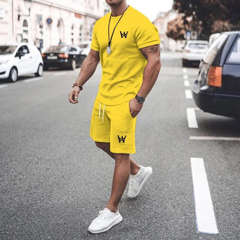 Latest Mens W-shaped Printed Casual T-shirt Set Round Neck Short sleeved Top Home Clothes Summer 250310
