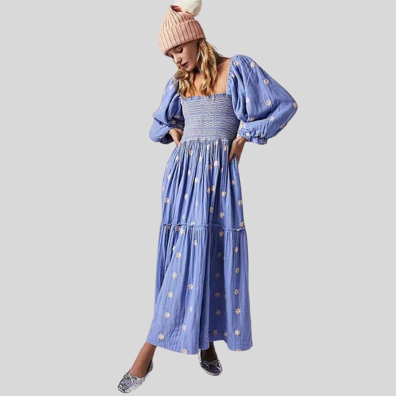Autumn New Casual Trumpet Sleeves Wrap Embroidered Square Neck Sunflower Dress