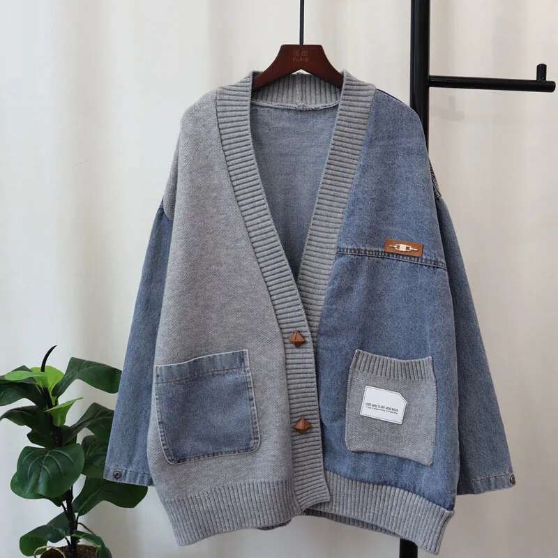 Fashion Loose Causal Versatile Coats For Women Patchwork Denim V-Neck Knitted Cardigan Female 2024 Winter 33A2212