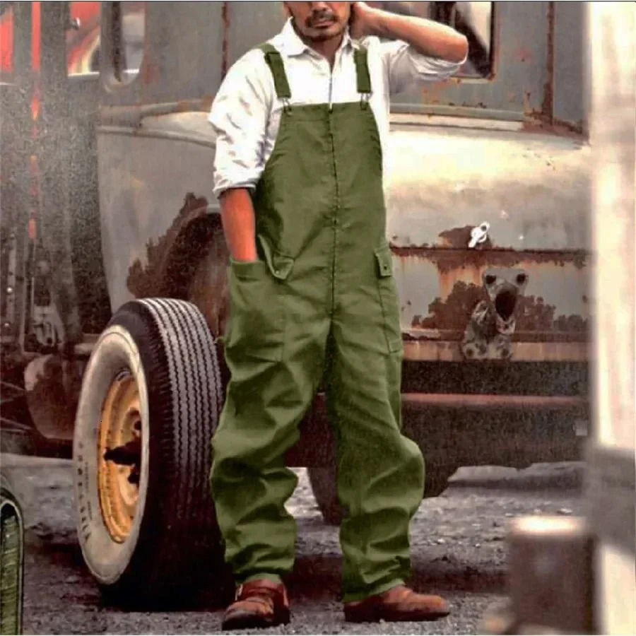 Mens Jumpsuit Plus Size Streetwear Solid Color Overalls Pockets Loose Suspenders Baggy Work Wear Cargo Pants Men 250310