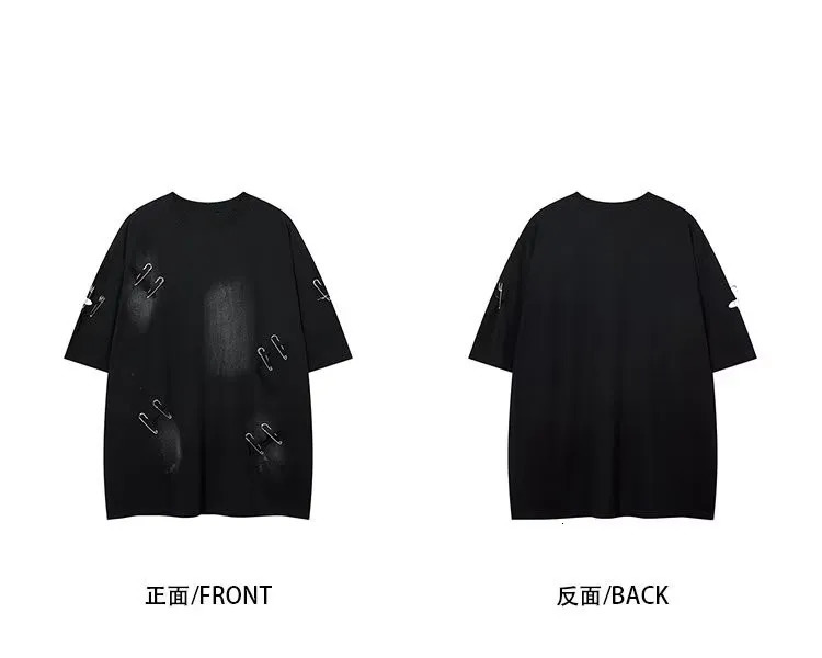 Fashion Men Oversized Vintage Ripped Hole Short Sleeve T Shirt Hip Hop Y2K Mens 100% Cotton O Collared Couple Techwear Shirts 250312