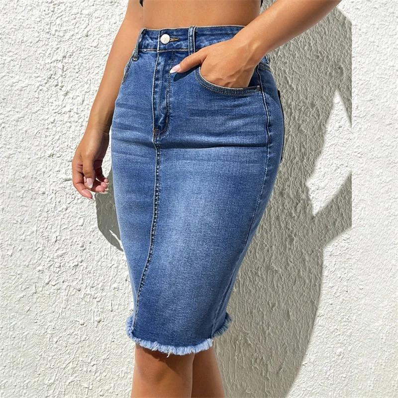 Fashion High Waist Denim Skirt Women Tassel Decoration Hem Wrap Hip Half-body Dress Female Summer Daily Casual Trend Streetwear 250311