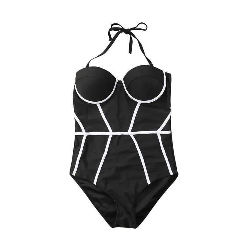 Strapss Push Up One Piece Swimsuit Women Black Patchwork Body Swimwear Bodysuit Summer Lady Holiday Beachwear SwimsuitsXJ250315