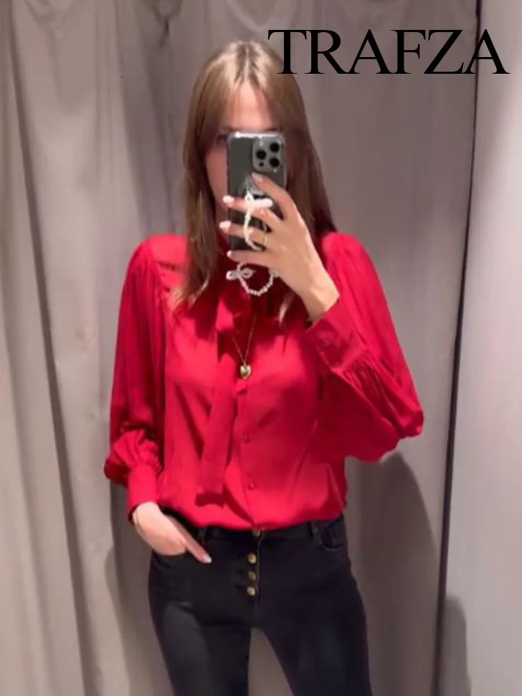 TRAFZA Womens Fashion Classic Series Single Breasted Bow Decorated Shirt Female Elegant Wrinkled Casual Long Sleeve Shirt Mujer 250310