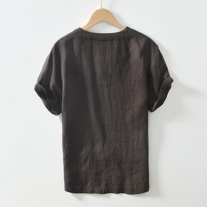 Summer 100% Linen Short Sleeve T Shirt for Men Casual Thin Solid Color Slim Men Clothing BL998 250314