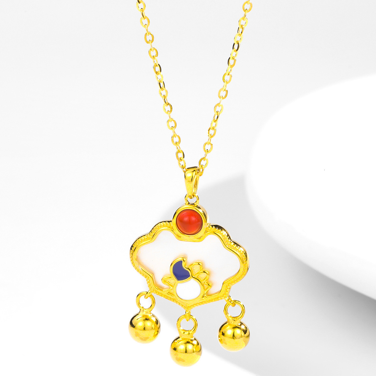 S925 Necklace Women's Sterling Silver Red Agate Gold Plated Safety Lock Ethnic Style Retro Fringe Long Life Lock Shell Necklace