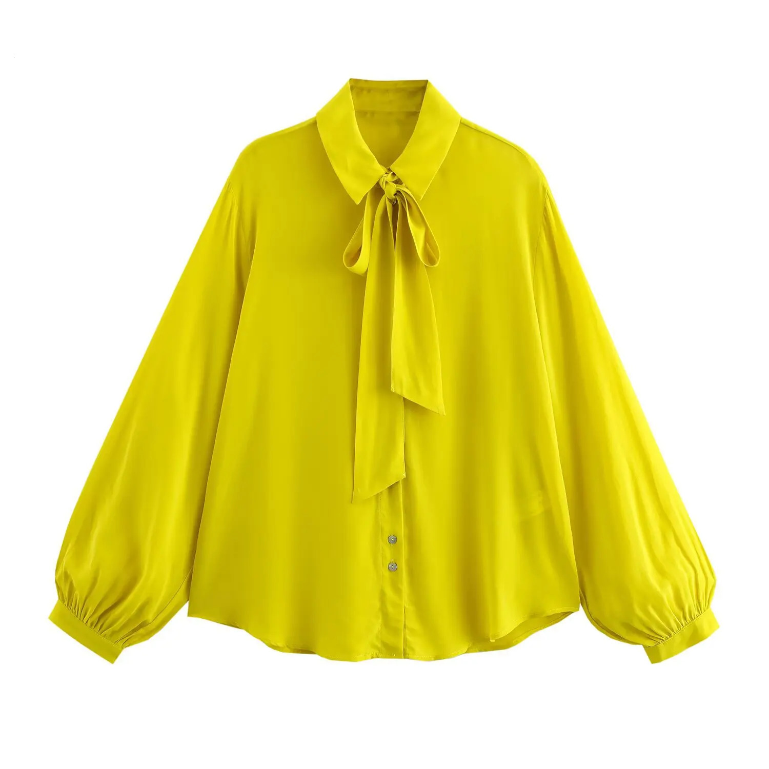 ZBZA Women Bow Tie Loose Shirt Lapel Long Sleeves Single-breasted Solid Color Casual Patchwork Top Spring Summer Chic Shirt 250310