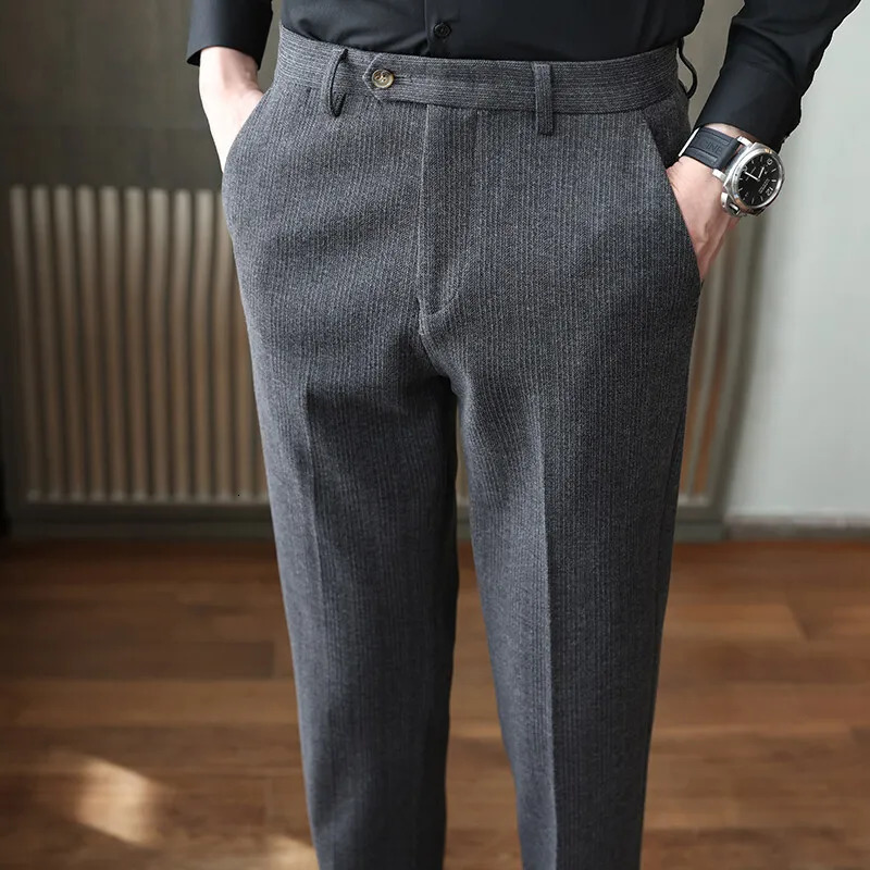 Autumn and Winter Wheat Grain Woolen Thick Khaki Trousers for Men Coffee Color Fashionable Versatile Mens Casual Pants 250313