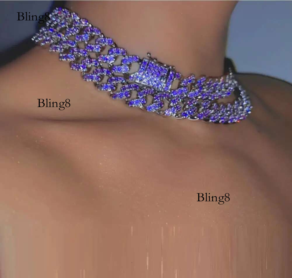 12mm Miami cuban k chain choker micro pave purple blue cz hip hop women necklace 16" 18"