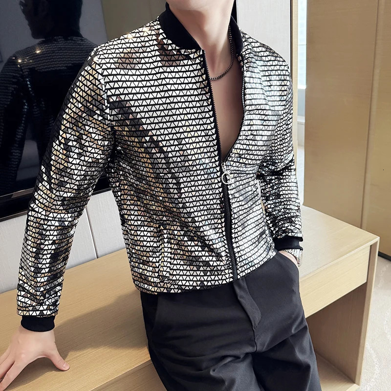 Nightclub style mens fashionable sun protection jacket thin silver sequin stage coat Asian size M5XL 250313