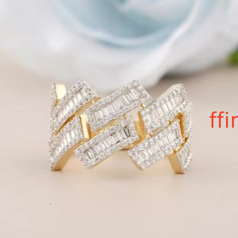 10K Solid White Gold Plated Moissanite Diamond Hip hop Ring - Gold Pave Setting Diamond Link Ring for mens Hip hop fashion