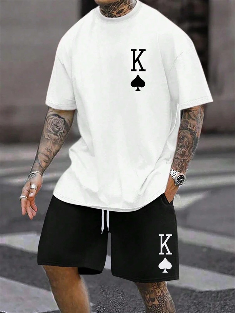 2025 Summer Mens Short sleeved Shorts Set Fashion King Printed T-shirt Shorts 2 sets Casual Round Neck Jumping Breathable S 250310
