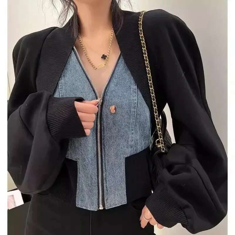 Design Sense Niche Black Denim Ing Long-Sleeved Short Coat Women's Spring And Autumn Spice Girl Fake Two Cardigan Tops