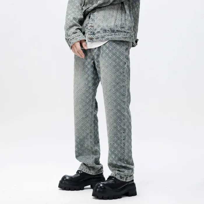 American style retro street floral print mens loose straight leg fashion brand retro mens jeansT250319