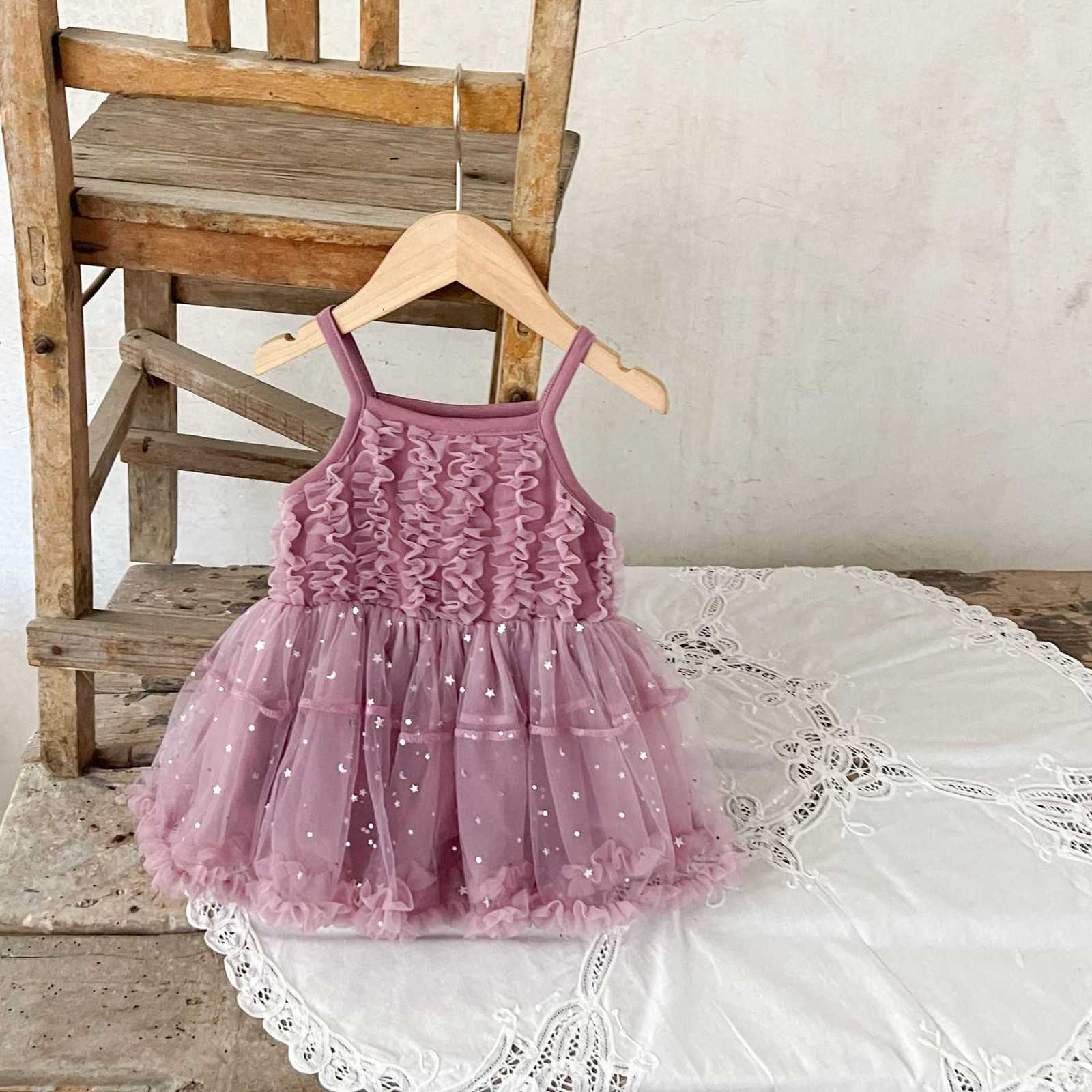 Girl's Dresses Summer Baby Girl Pure Cotton Two Color Exquisite Heavy Industry One Year Old Silver Star Moon Strap Dress for Infants and Toddlers