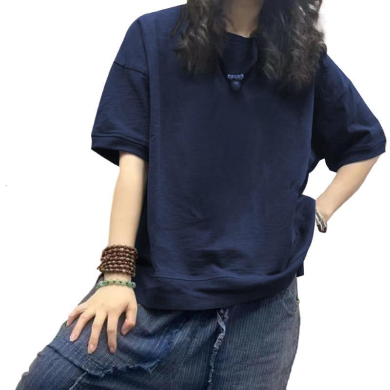 Navy Blue Shoulder Short For Women's Summer 2025 New European Style Large Edition Loose Half Sleeved T-Shirt Top
