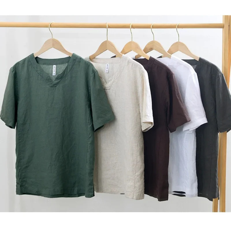 Summer 100% Linen Short Sleeve T Shirt for Men Casual Thin Solid Color Slim Men Clothing BL998 250314