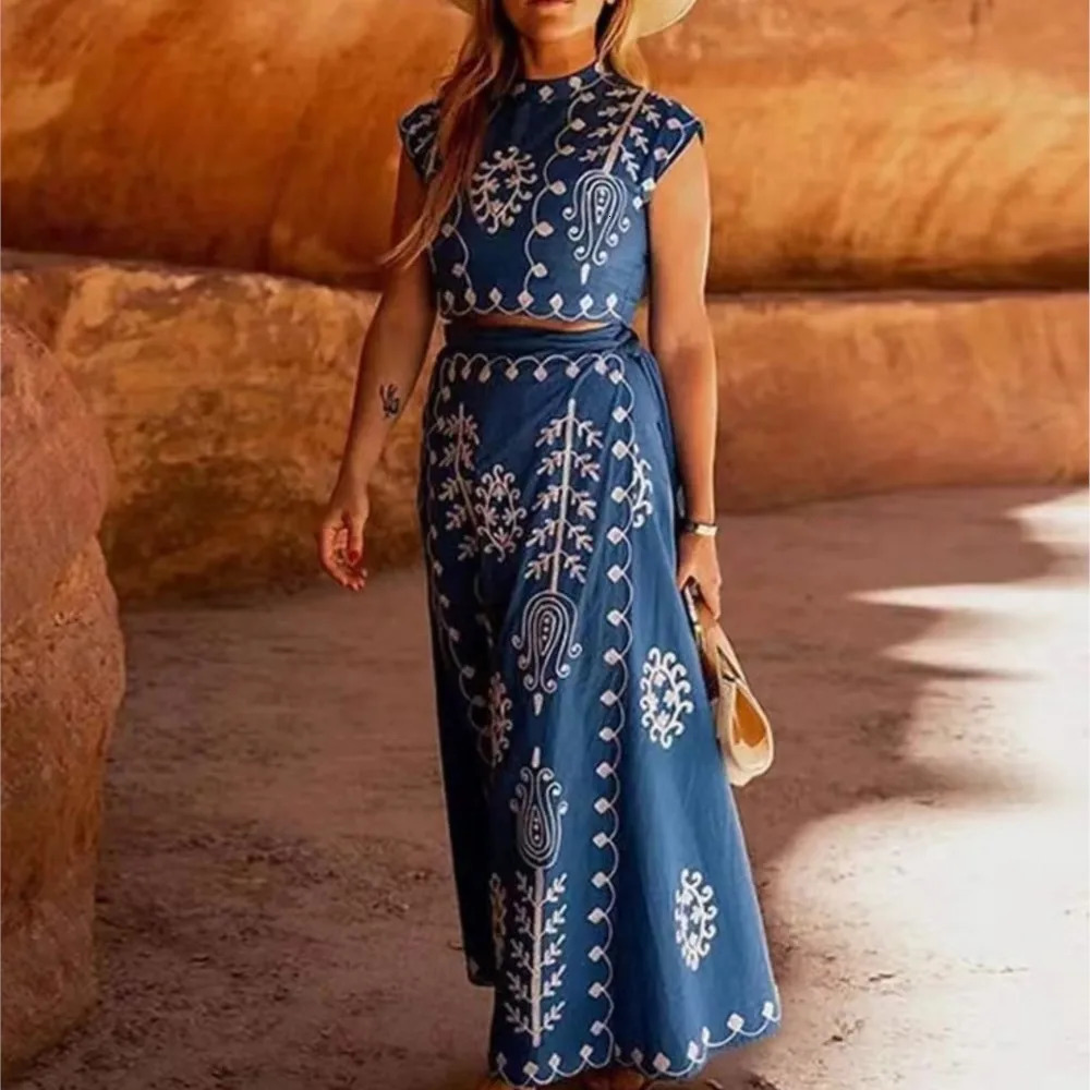 Boho Retro Printed Top Tight ed Two Piece Set Shoulder Pads Crop Lace Beach Vacation Dress 250313