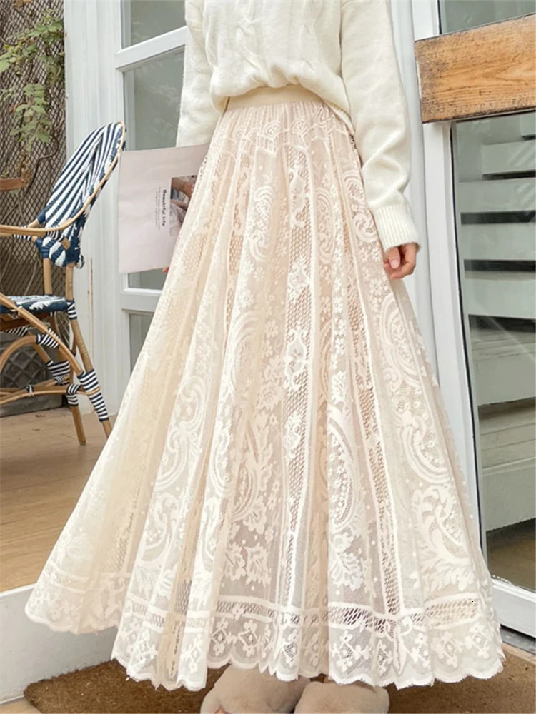 Realeft Retro Womens Lace Crochet Umbrella Long Leather Bohemian High Waist Hollow Skirt SpringSummer 250310