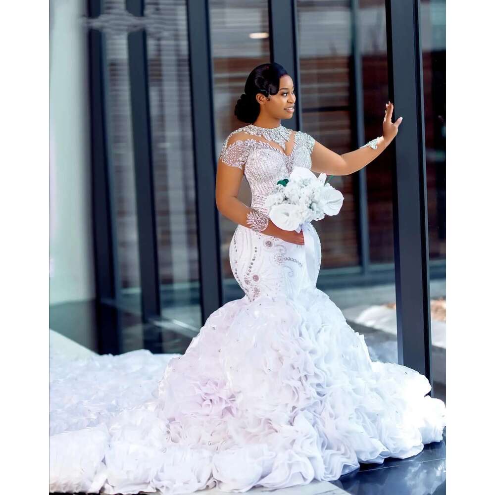 Custom Arabic aso ebi plus size bright crystals beads mermaid dress long sleeves cascading ruffles wedding dresses