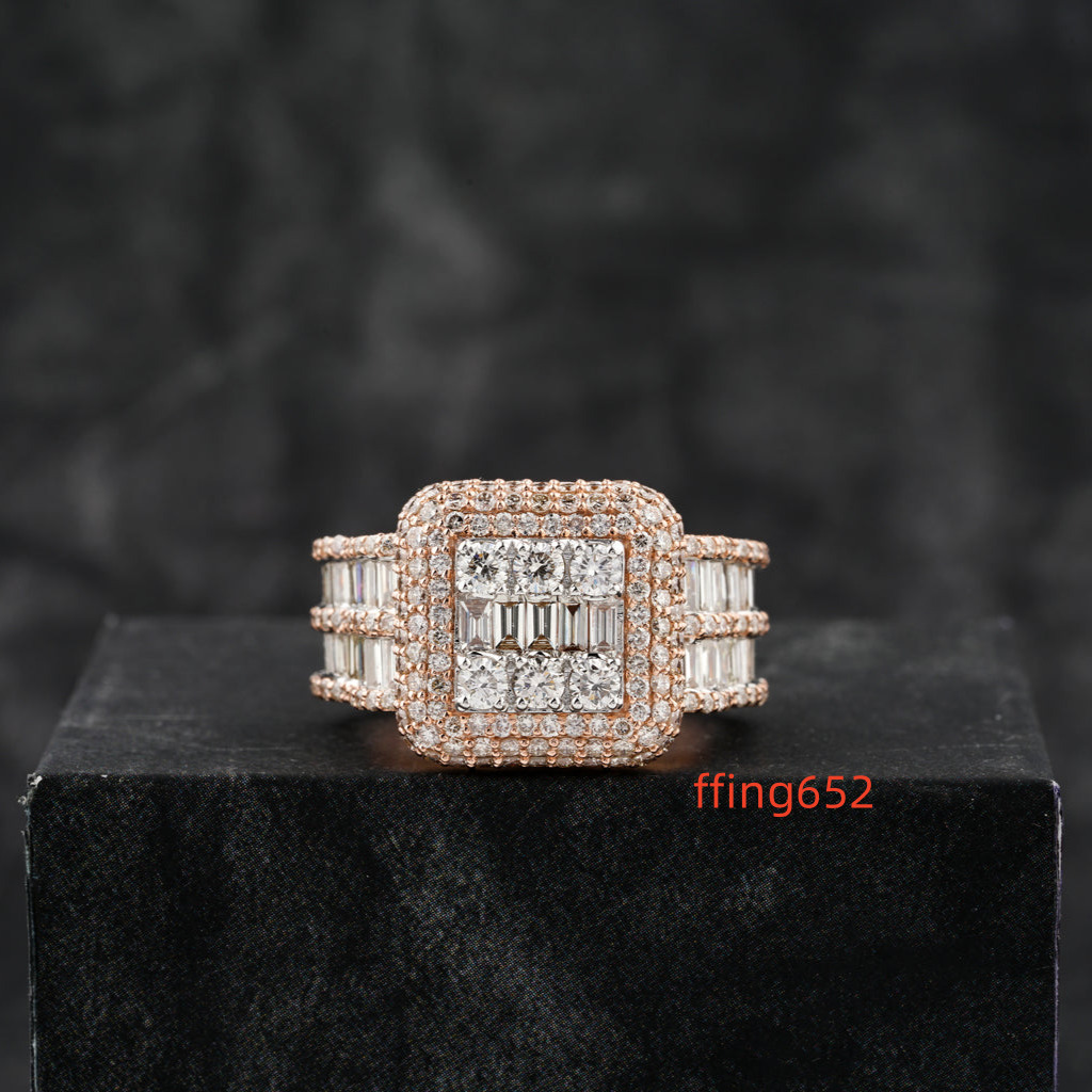 Mens Ring Trend Hip Hop Ice Out 10K 14K 18K Gold Full VVS Natural Diamond Rounded and Baguette Ring Luxury Costume Jewelry
