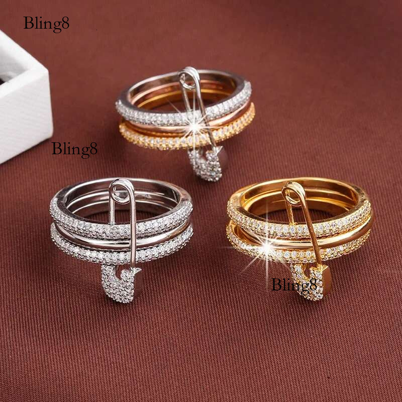 Fashion Stacked Connection Three Layers Designer for Women Personality Zircon Pin Ring Valentine's Day Gift Jewelry